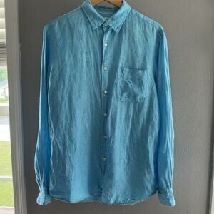 Uniqlo Light Blue 100% Linen Mens Button Down Shirt Size L